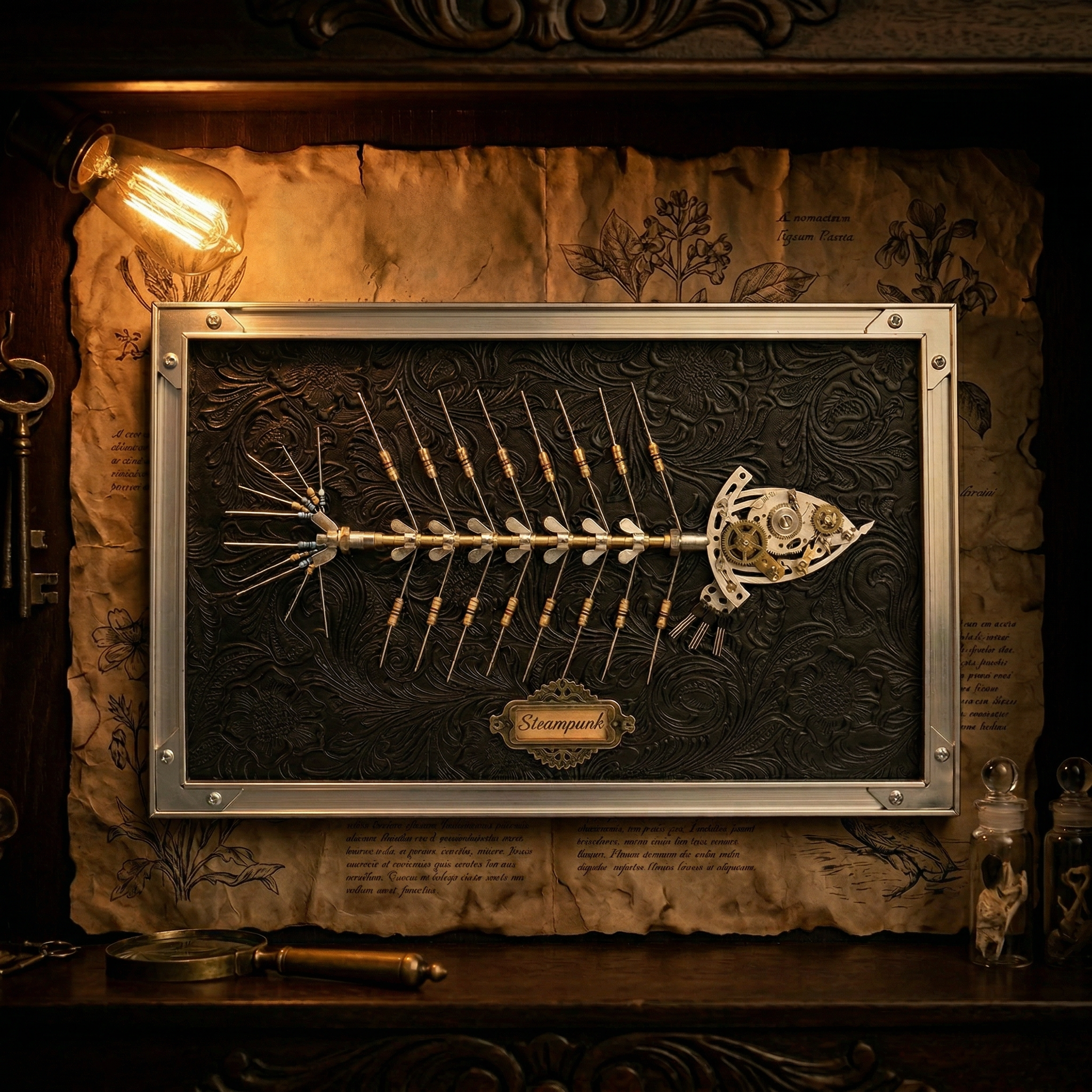 The Leviathan's Relic: Clockwork Fish Bone Specimen